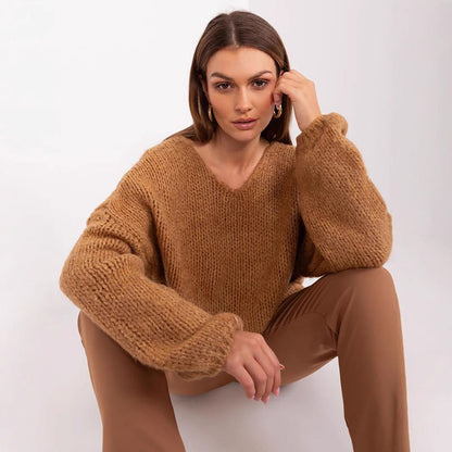 Damen Oversized Pullover Grobstrick Weite Ärmel Beige