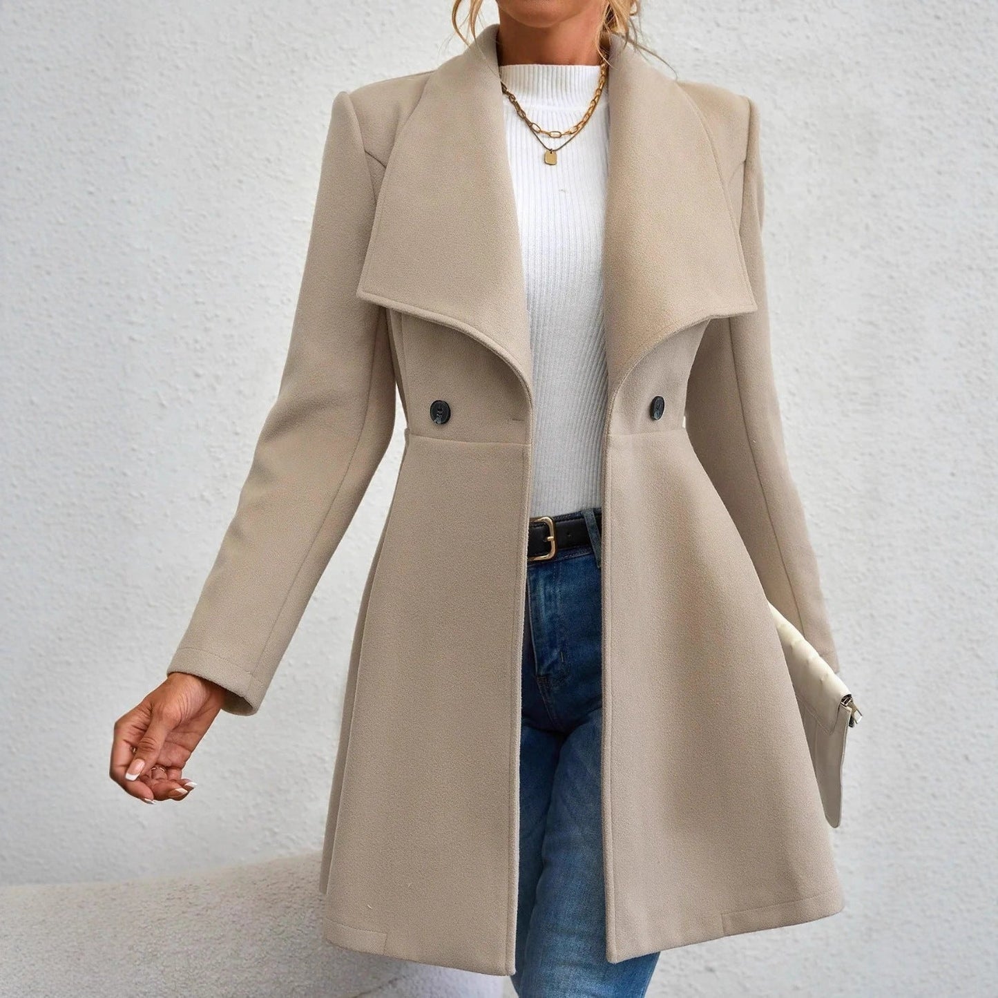 Damen Wollmantel Eleganter Revers Doppelter Knopf Eveloria