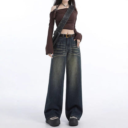 Damen Weite Jeans Hochbund Modische Waschung Eveloria - Eveloria