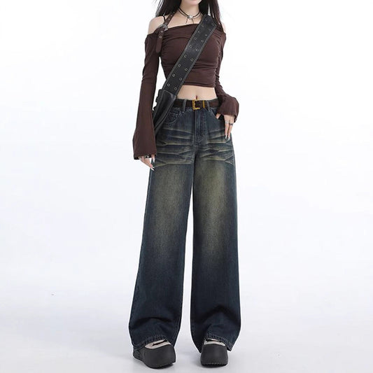 Damen Weite Jeans Hochbund Modische Waschung Eveloria - Eveloria