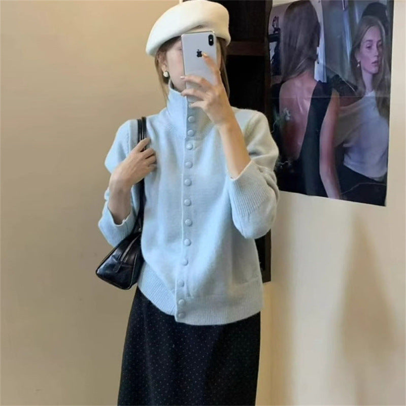Damen Strickpullover Stehkragen Knöpfe Eveloria