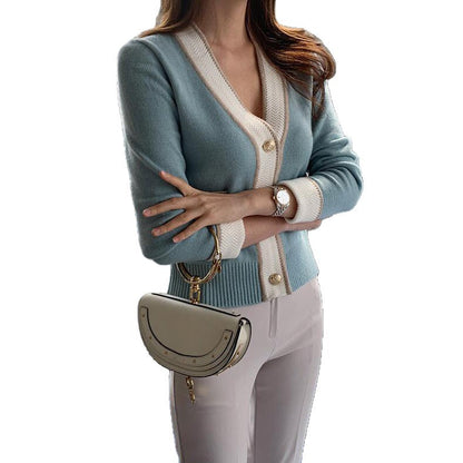 Damen Strickjacke Kontrastdetails Goldknöpfe Beige