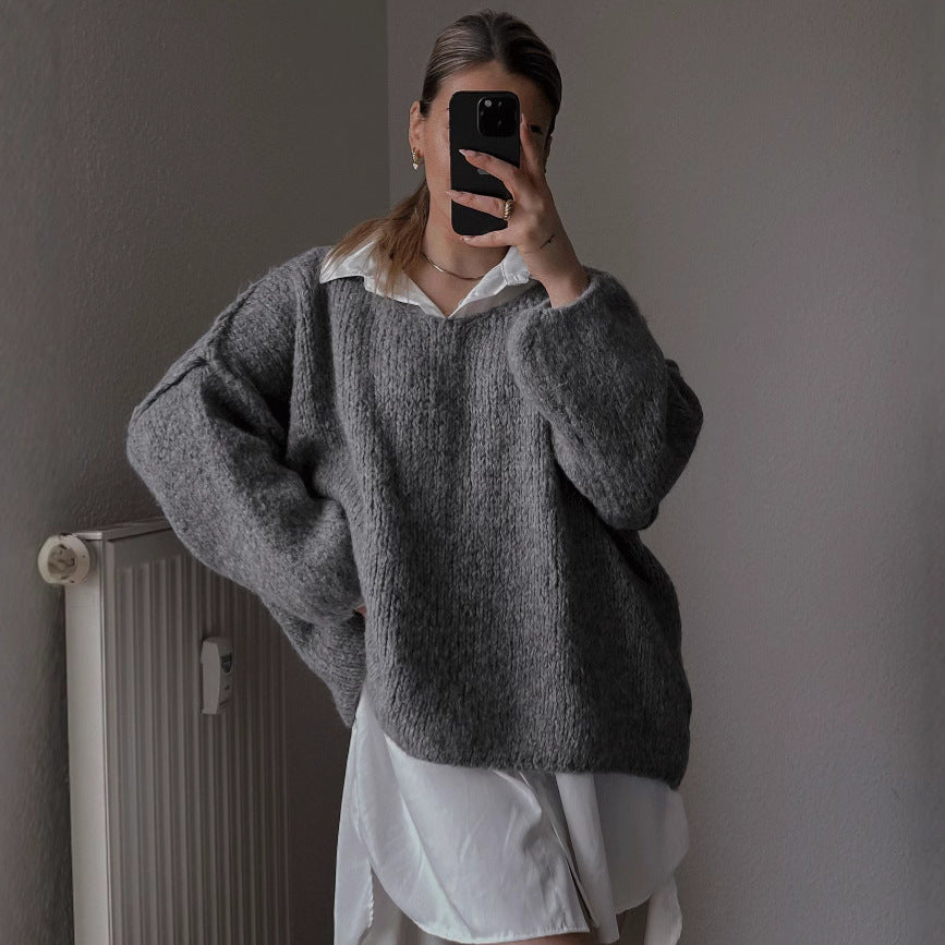Damen Oversized Pullover Weich Voluminöse Ärmel Beige Eveloria