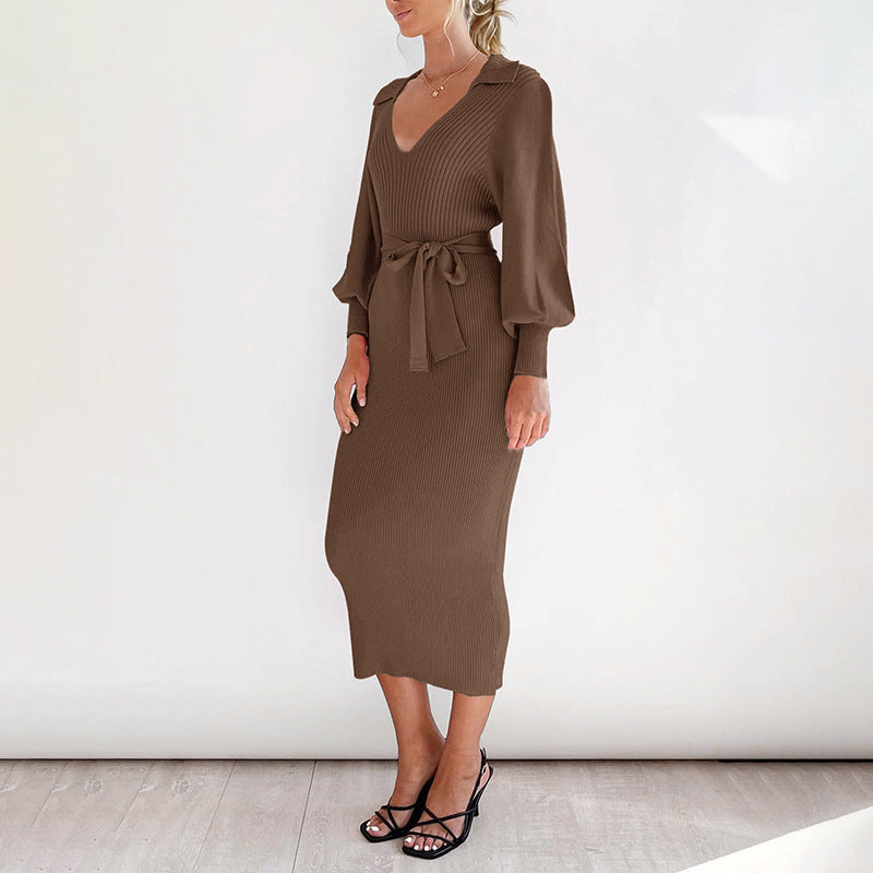 Damen Strickkleid V-Ausschnitt Elegantes Taillieren Eveloria