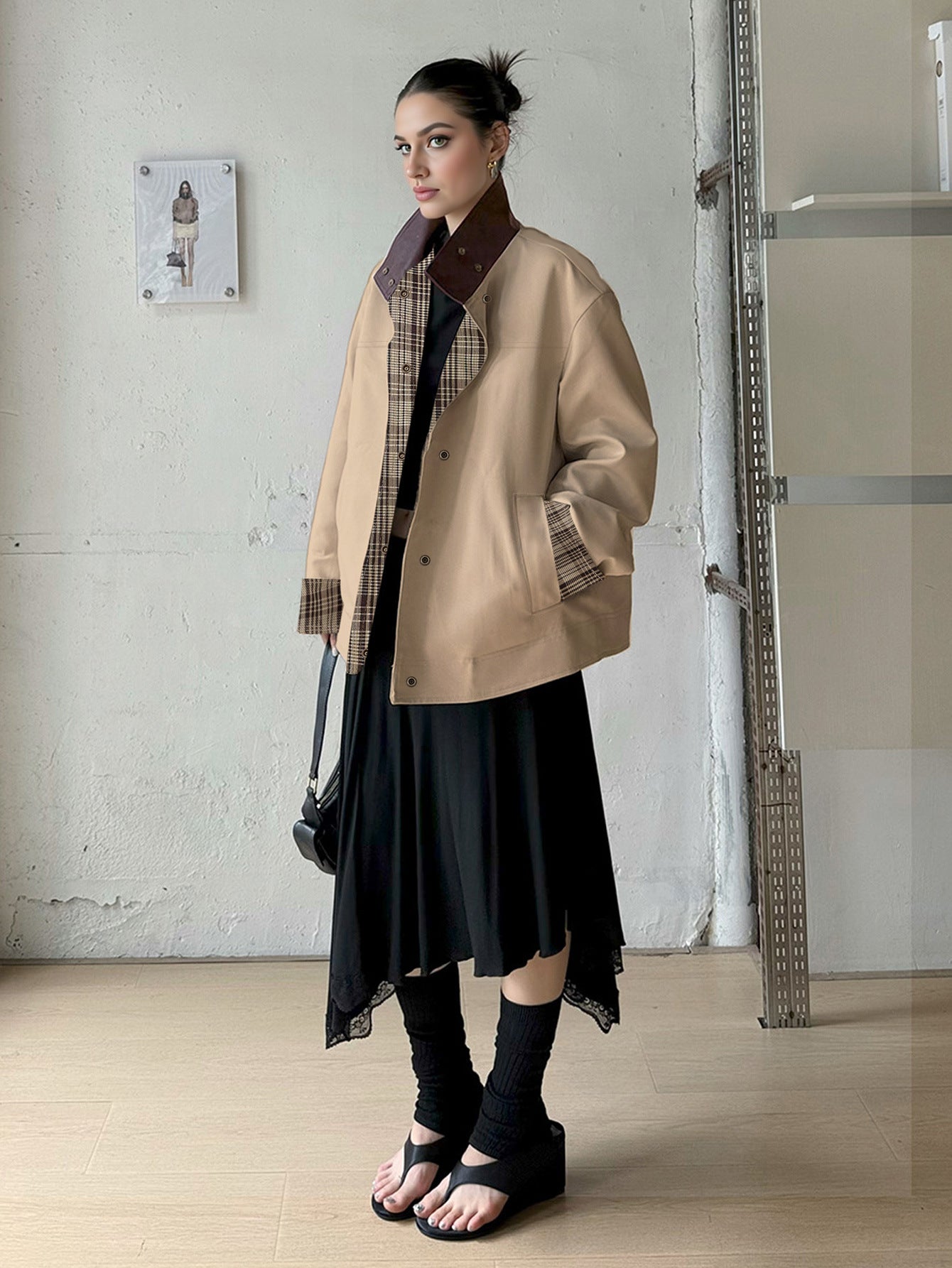 Damen Oversized Jacke kariert Innenfutter hoher Kragen