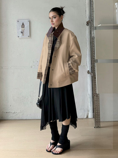 Damen Oversized Jacke kariert Innenfutter hoher Kragen
