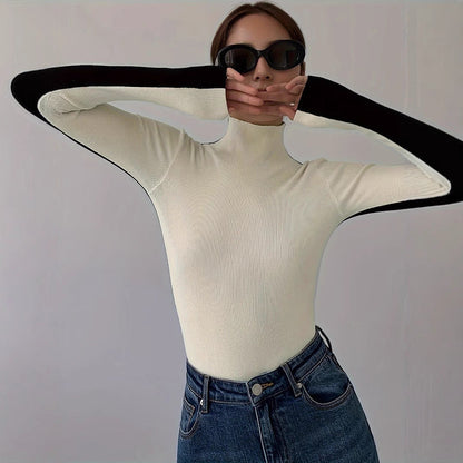 Damen Rollkragenpullover Kontrastärmel Eveloria