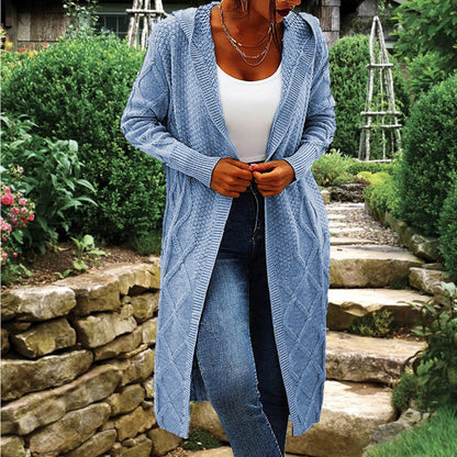 Damen Strickcardigan Lang Hochkragen Zopfmuster Beige