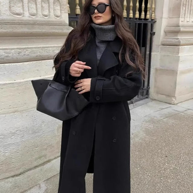 Damen Long-Trenchcoat Stehkragen Strukturiert Eveloria