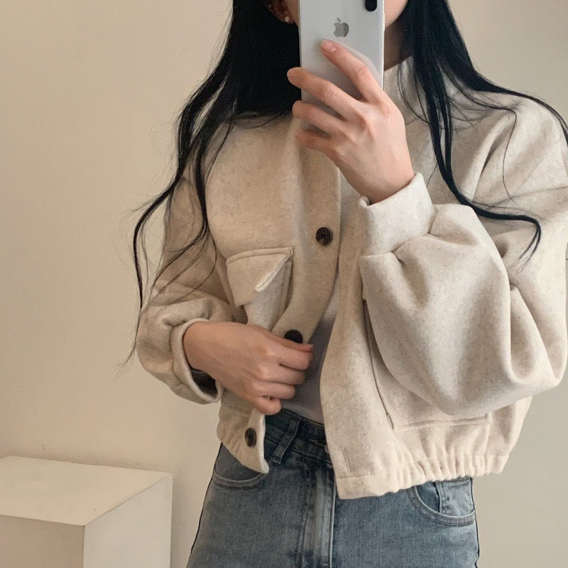 Damen Wolljacke Oversized Lässige Taschen Braun