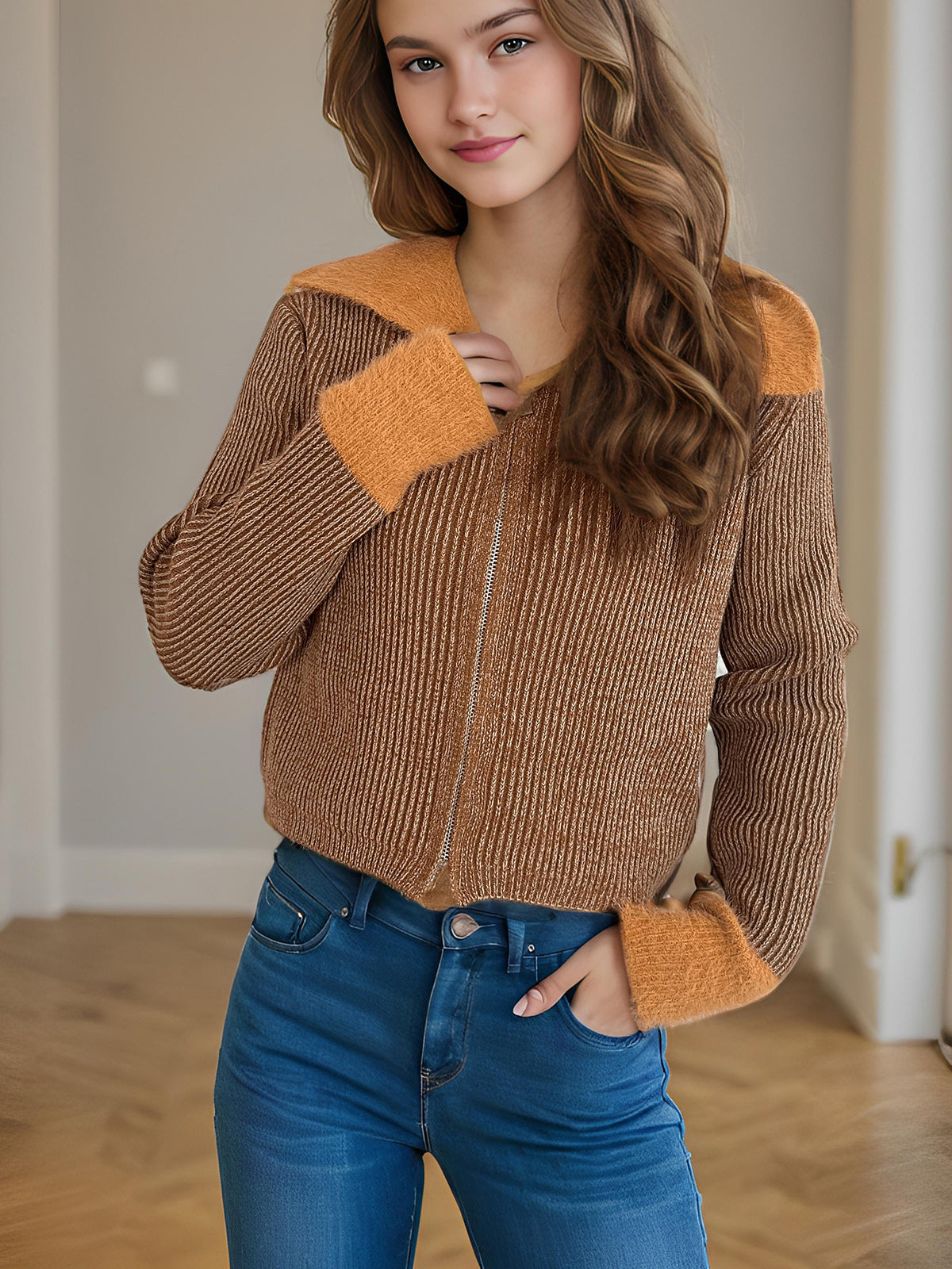 Damen Strickjacke mit Reißverschluss und Puffärmeln Eveloria