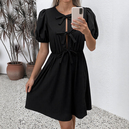 Damen Woven Mini-Kleid mit Puffärmeln und geflochtenen Details