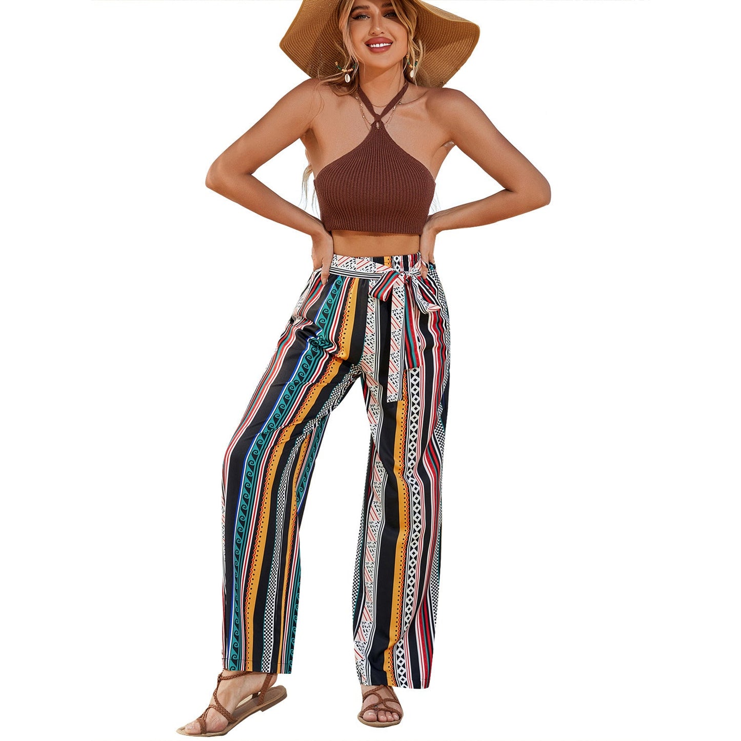 Damen Sommerhose Weit mit Gürtel Auffälliges Muster Eveloria
