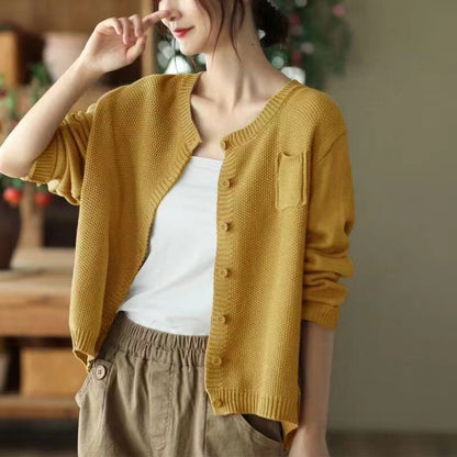 Damen Strickcardigan Leicht Knopfverschluss Taschen Beige