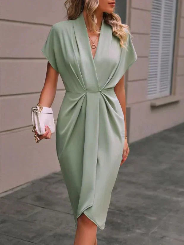 Damen Midikleid V-Ausschnitt Tailliert Kurzärmelig Sommerlich Elegant