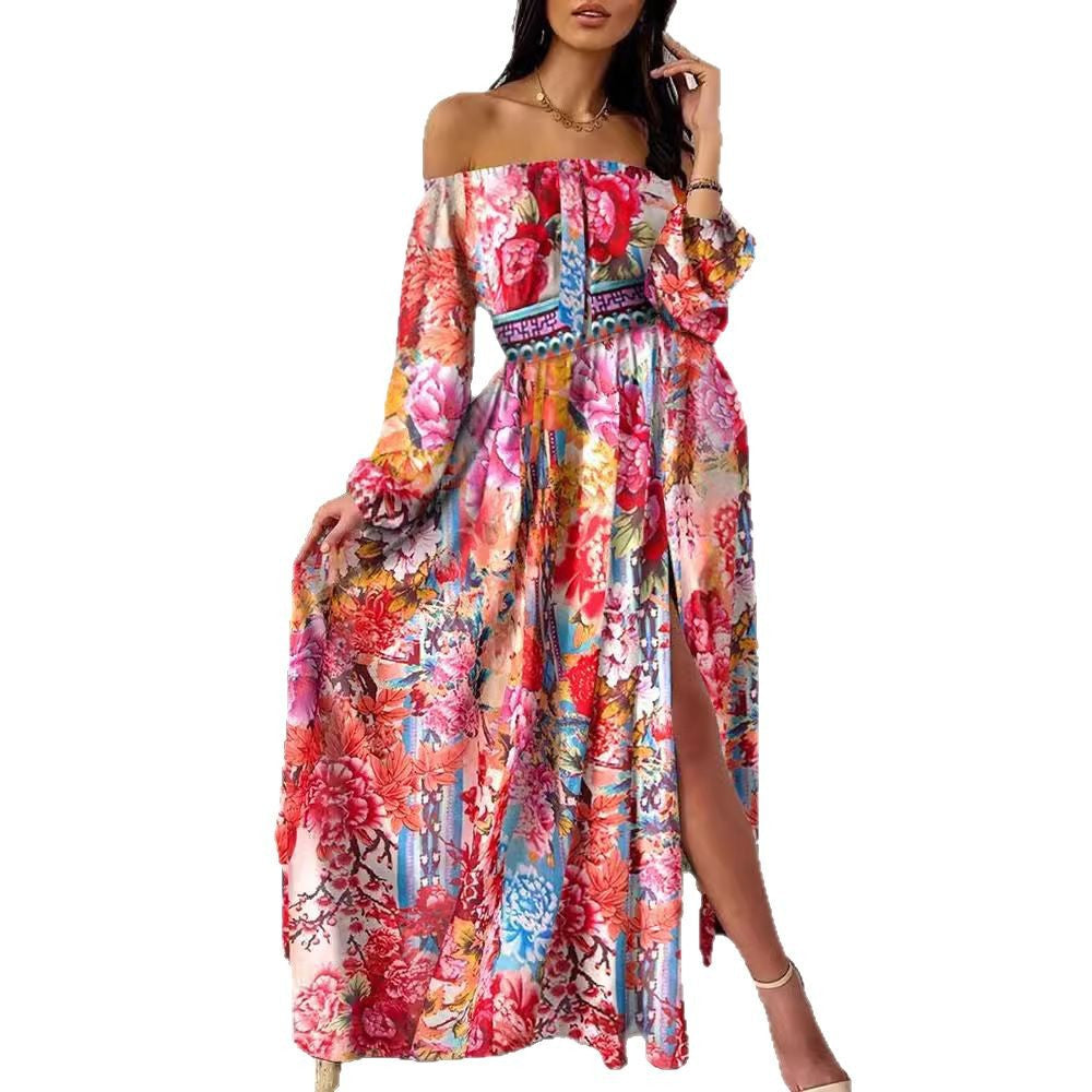 Damen Maxikleid Off-Shoulder Plissee Hochschlitz Eveloria