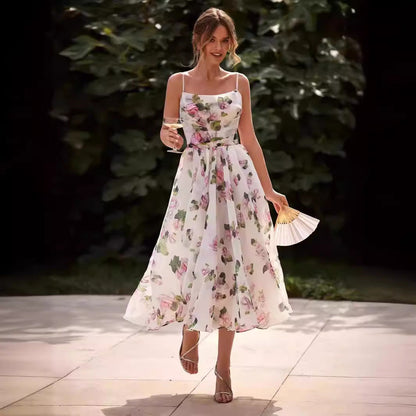 Damen Midi-Kleid Floralmuster Chiffon Taillengürtel