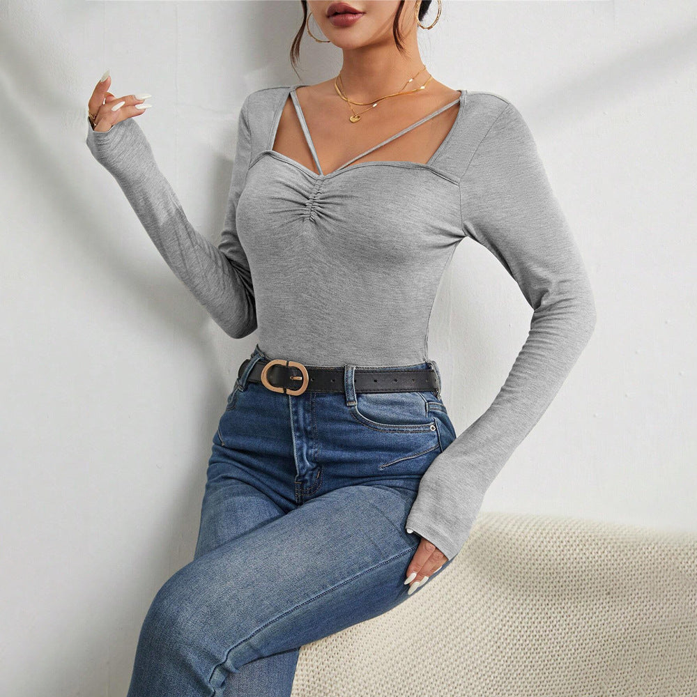 Damen Langarm-Bodysuit V-Ausschnitt mit Schulterdetails