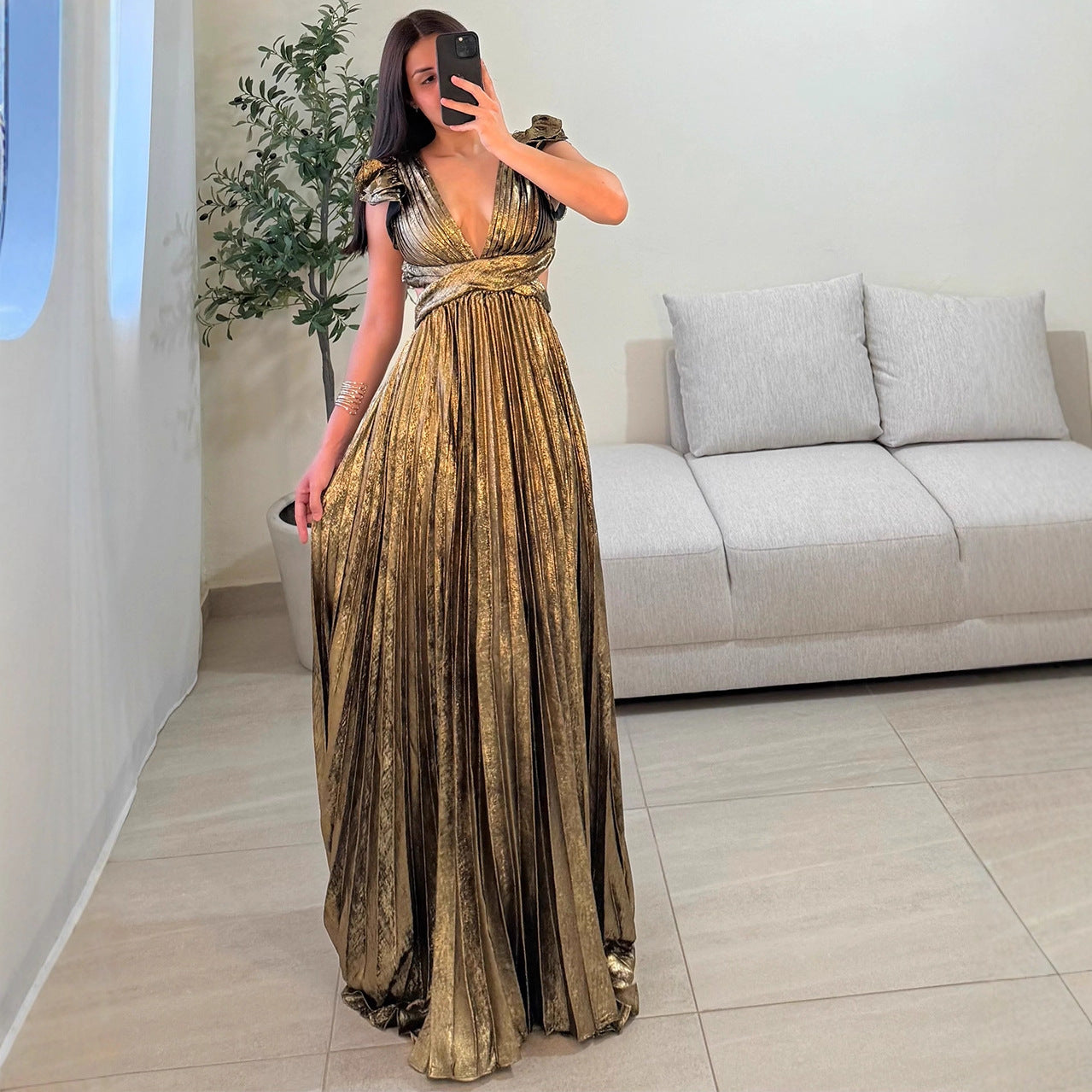 Damen Maxikleid V-Ausschnitt Rüschendetails Eveloria