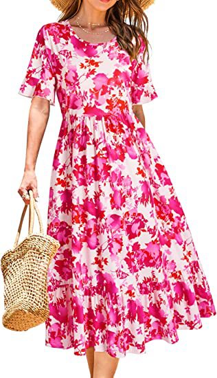 Damen Midikleid Floralmuster Rüschenabschluss Eveloria
