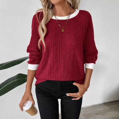 Damen Pullover Rippenstrick Kontrastbesatz Beige - Eveloria