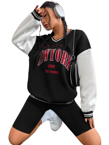Damen Sweatshirt V-Ausschnitt Sportlich Grau Eveloria