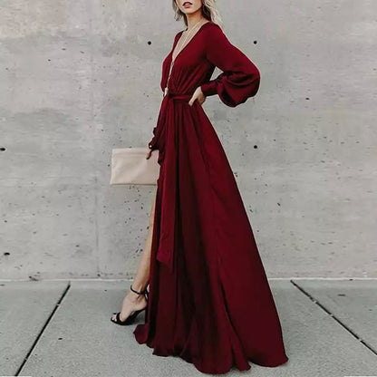 Damen Maxi-Kleid Tiefes Dekolleté Fließender Stoff Eveloria