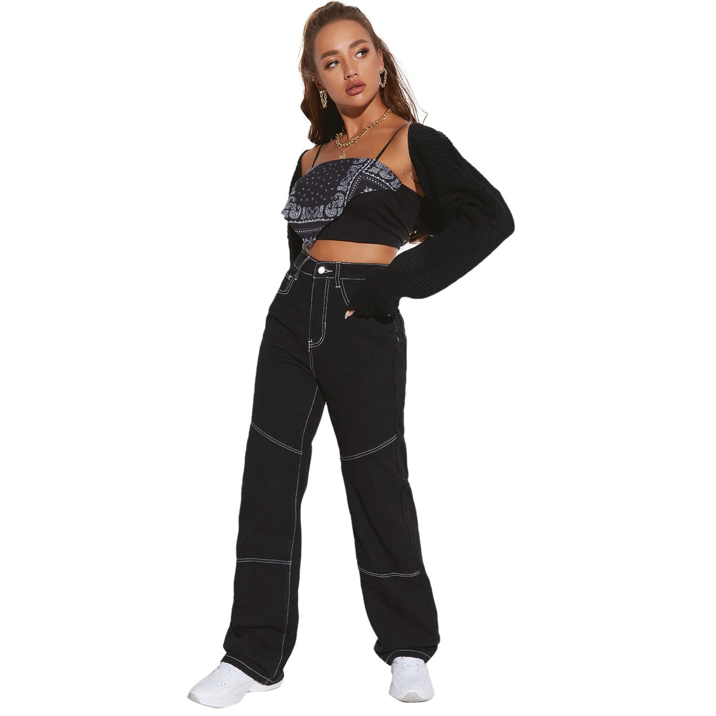 Damen High-Waist Jeans Breit Kontrastnähte Eveloria