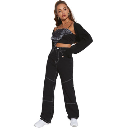 Damen High-Waist Jeans Breit Kontrastnähte Eveloria