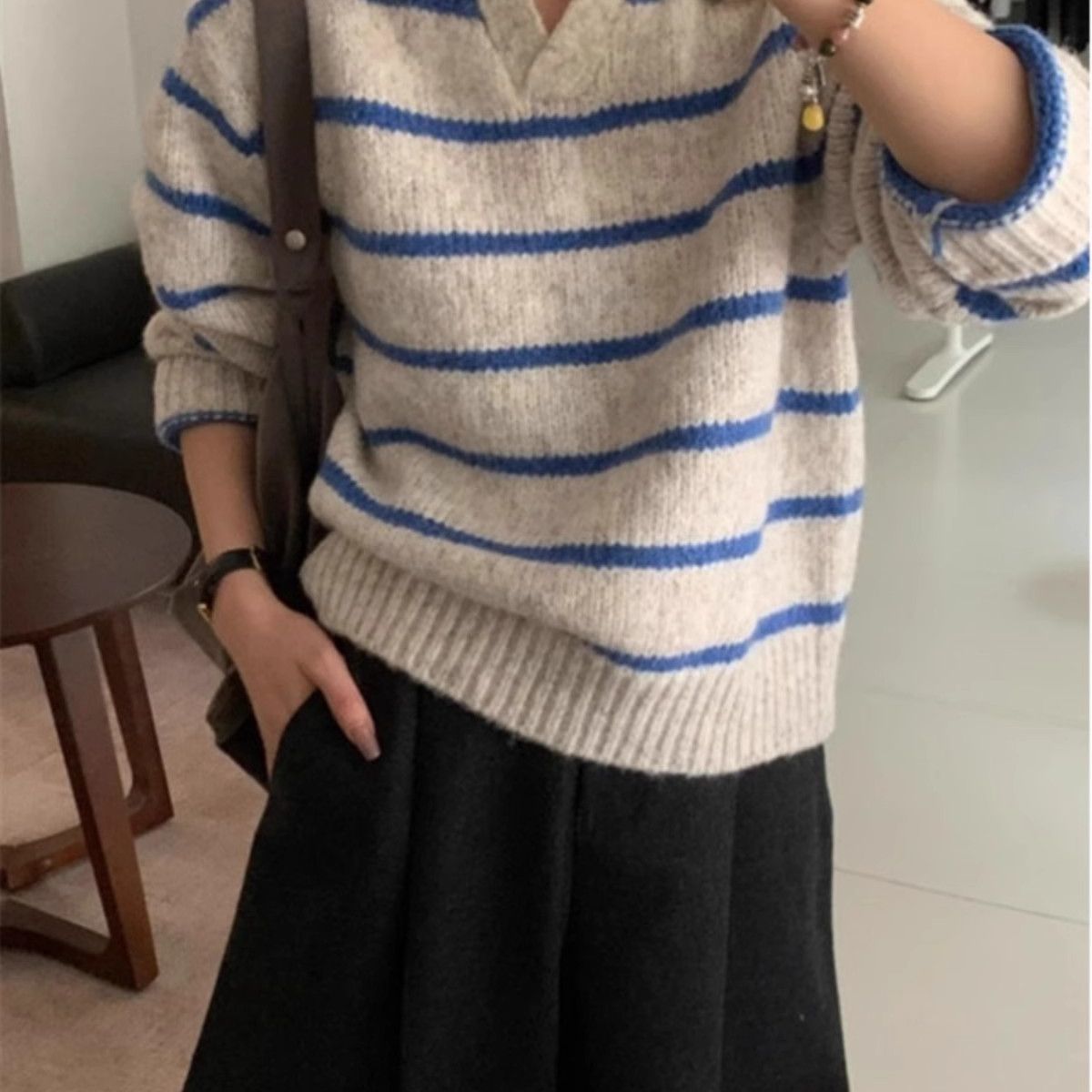 Damen Strickpullover V-Ausschnitt Streifen