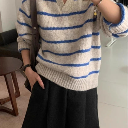 Damen Strickpullover V-Ausschnitt Streifen