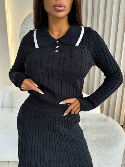 Damen Strickkleid Polo-Kragen Zopfmuster Oberfläche Eveloria