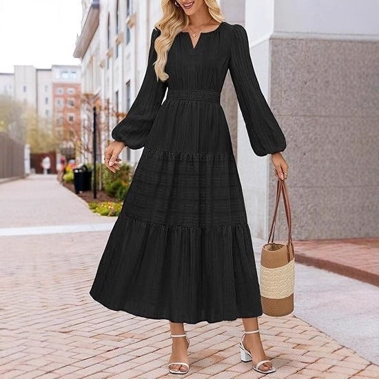 Damen Maxikleid mit Puffärmeln und Smoktaillen Elegant Schwarz - Eveloria