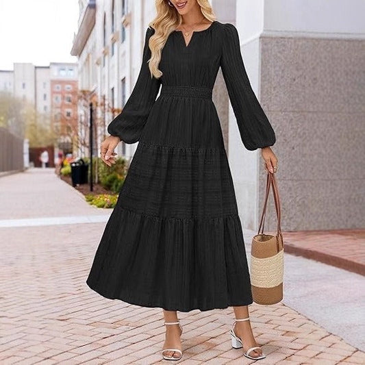 Damen Maxikleid mit Puffärmeln und Smoktaillen Elegant Schwarz - Eveloria