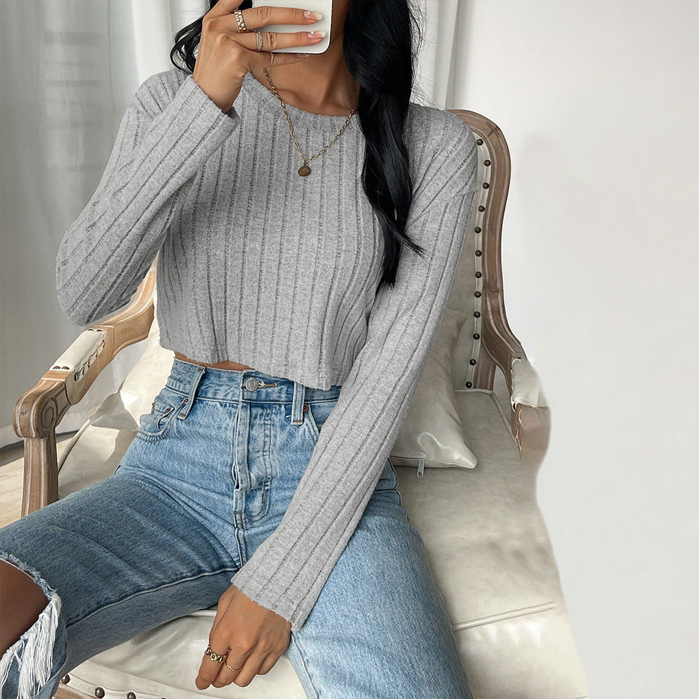 Damen Cropped Pullover Feine Rippstruktur Lange Ärmel Eveloria