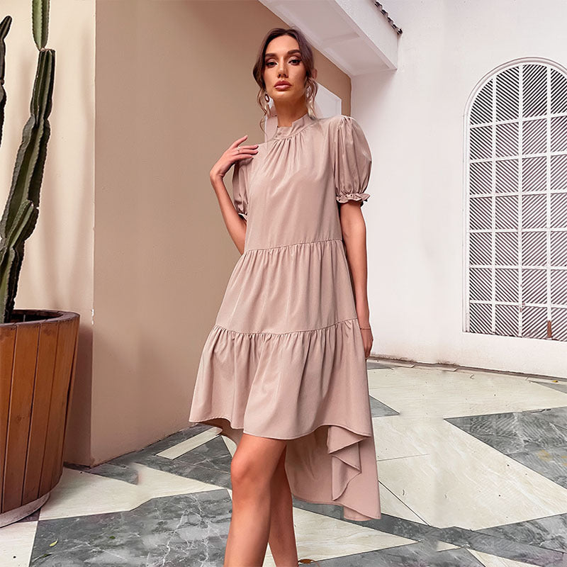 Damen Sommerkleid Puffärmel Asymmetrisch