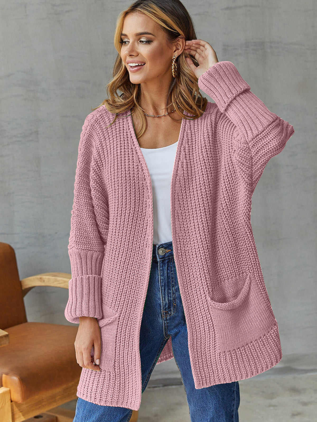 Damen Strickjacke Tiefen Taschen Struktur Oberfläche Anthrazit