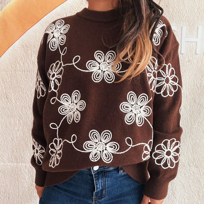 Damen Strickpullover Florales Muster Hoher Kragen
