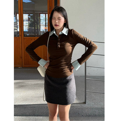 Damen Langarmshirt mit farbigem Kragen Eveloria