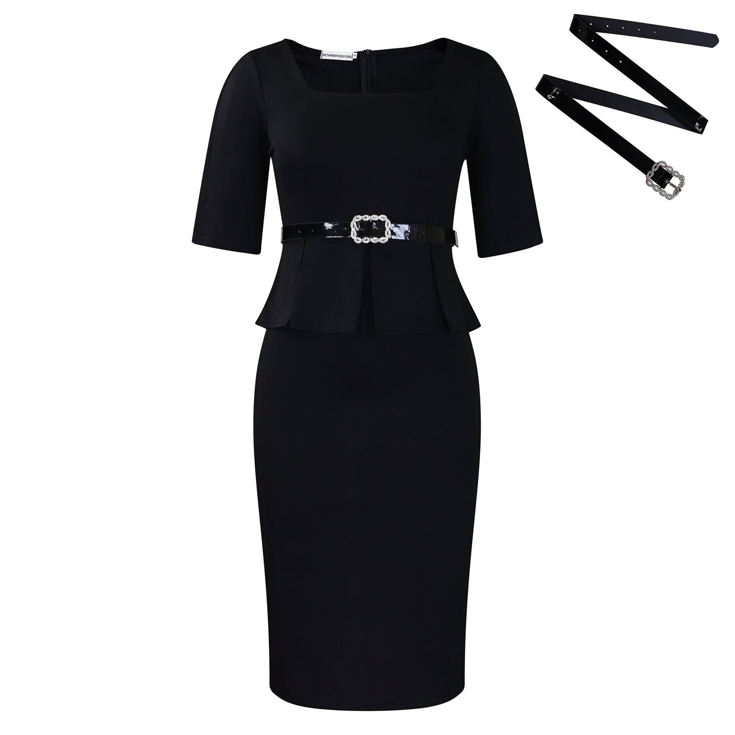 Eveloria Damen Etuikleid mit Peplum-Details und abnehmbarem Gürtel