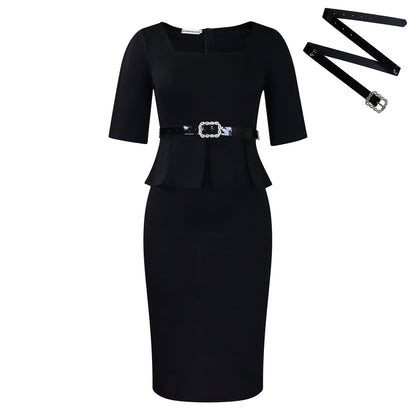 Eveloria Damen Etuikleid mit Peplum-Details und abnehmbarem Gürtel