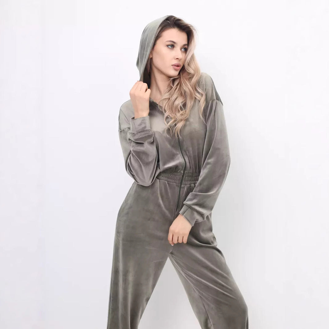 Damen Velours-Jumpsuit Kapuze Elastisch Eveloria