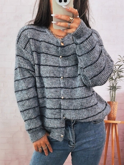 Damen Strickcardigan mit Knöpfen Streifenmuster Beige