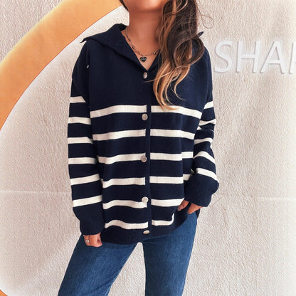 Damen Strickcardigan Gestreift Kapuze Knöpfe