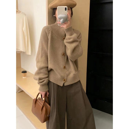 Damen Strickjacke Lässig Kontrastknöpfe Beige