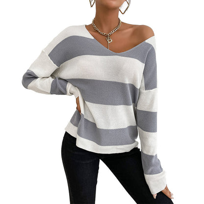 Damen Strickpullover V-Ausschnitt Blockstreifen Eveloria