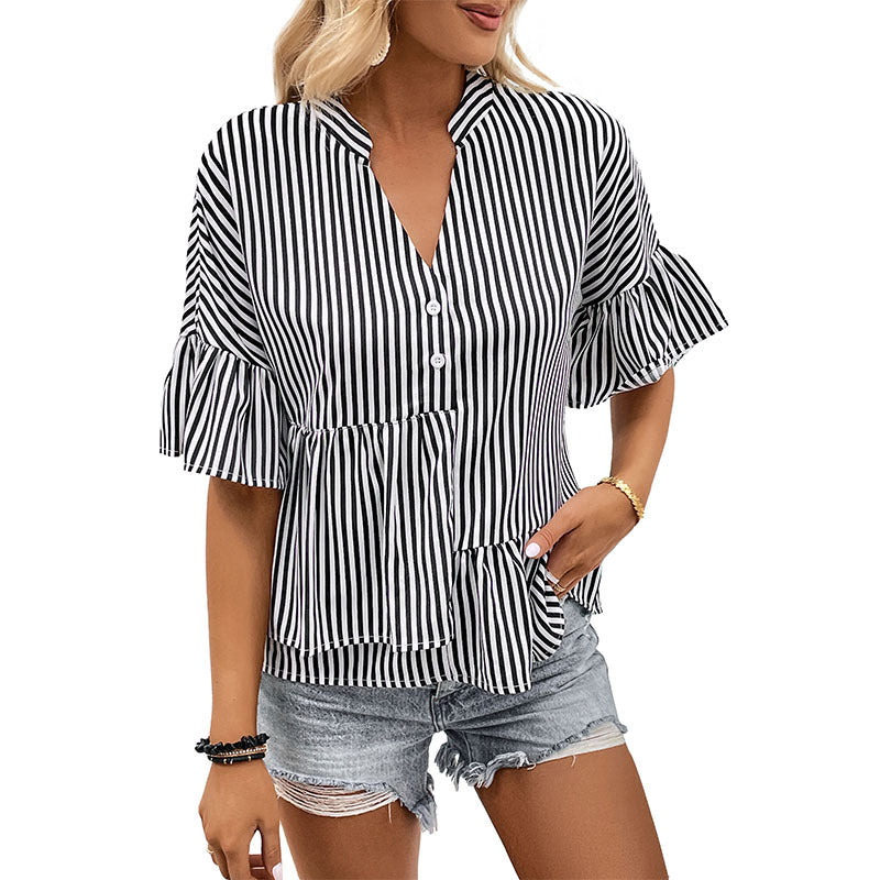 Damen Blusenshirt Streifen Rüschendetails Taschen Eveloria