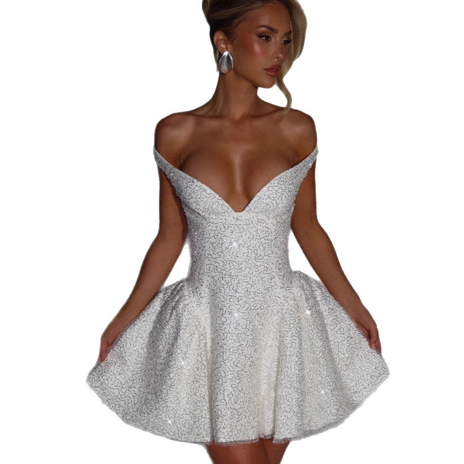 Damen Cocktailkleid Schulterfrei Paillettenbesatz