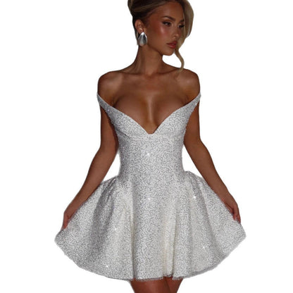 Damen Cocktailkleid Schulterfrei Paillettenbesatz