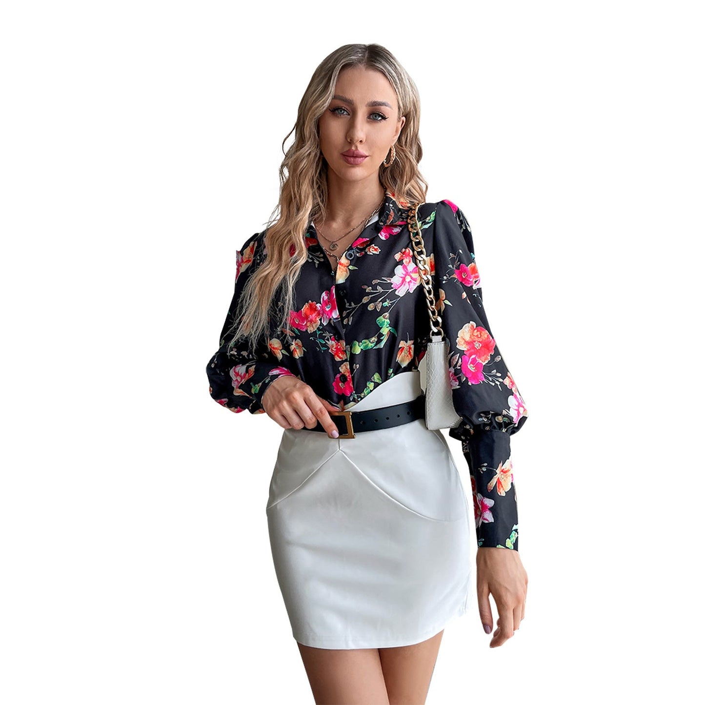 Damen Bluse Floral Puffärmel Eveloria